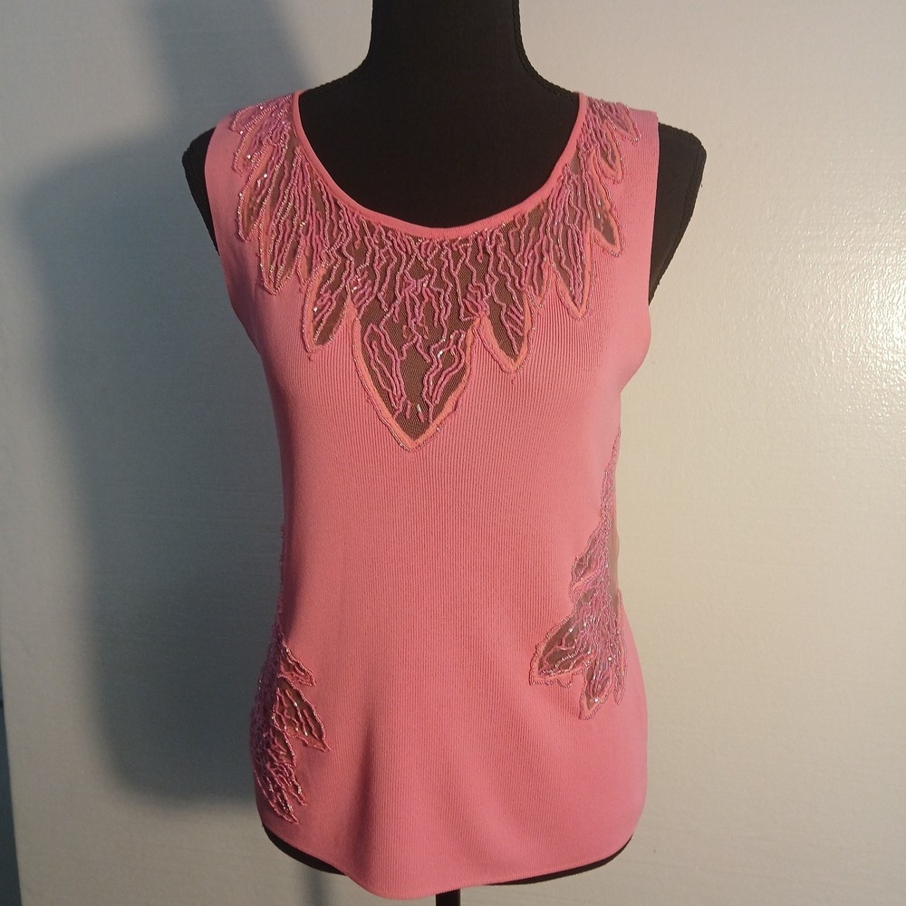 Pierri Sleeveless Knit Top Scooped Neckline Sheer Mesh Inserts Pink Sz L Beads